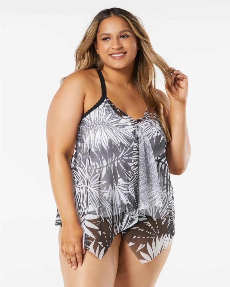 Front of a model wearing a size 16W Kerry Mesh Layer Tankini in Abstract Palm by Beach House Woman. | dia_product_style_image_id:280935